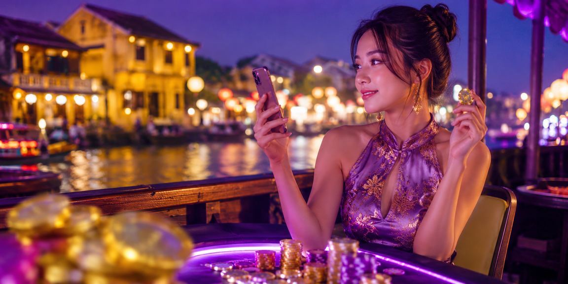 Bàn bài poker ánh đèn neon về đêm tại Hội An với không khí giải trí sôi động